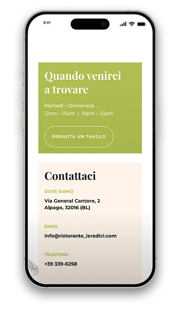 Mockup smartphone: galleria e contatti ristorante